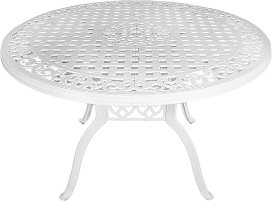 48" Round Patio Table for 6-8 Person Cast Aluminum Bistro Table with 2.36" Umbrella Hole,Metal Outdoor Dining Tables,Wrought Iron Patio Bistro Table,White Patio Table.