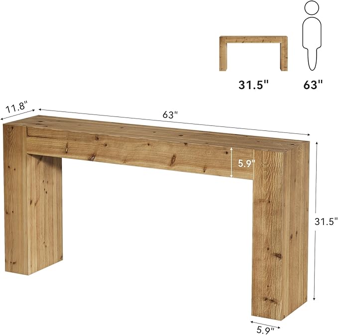 Solid Wood Console Table, 63-Inch Farmhouse Sofa Table Behind Couch for Entryway, Living Room, Foyer, Easy Assembly (Light Wood)