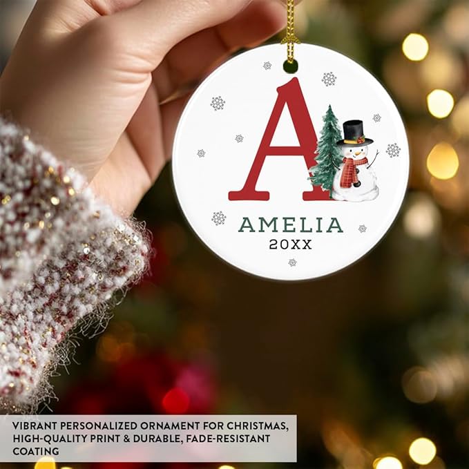 Andaz Press Personalized Christmas Ornament, Custom Name Initial A Monogram Snowman 2.8" Ceramic Porcelain 2025 Christmas Ornament For Kids Boys Girls 1-Pack Initial Ornaments Name Ornaments Christmas