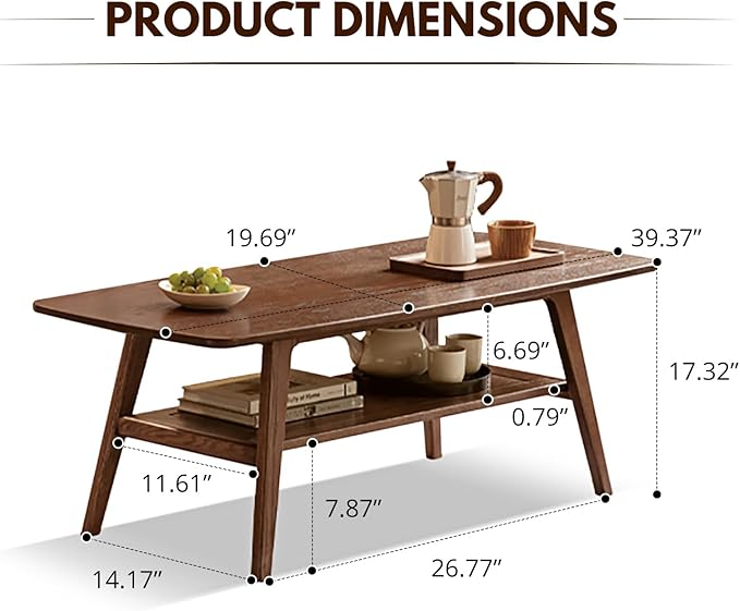 100% Solid Oak Coffee Table with Storage Shelf, 2-Tier Wooden Center Table for Living Room, Farmhouse Rustic Rectangle Table, Easy Assembly, Walnut Color, 39.37inch