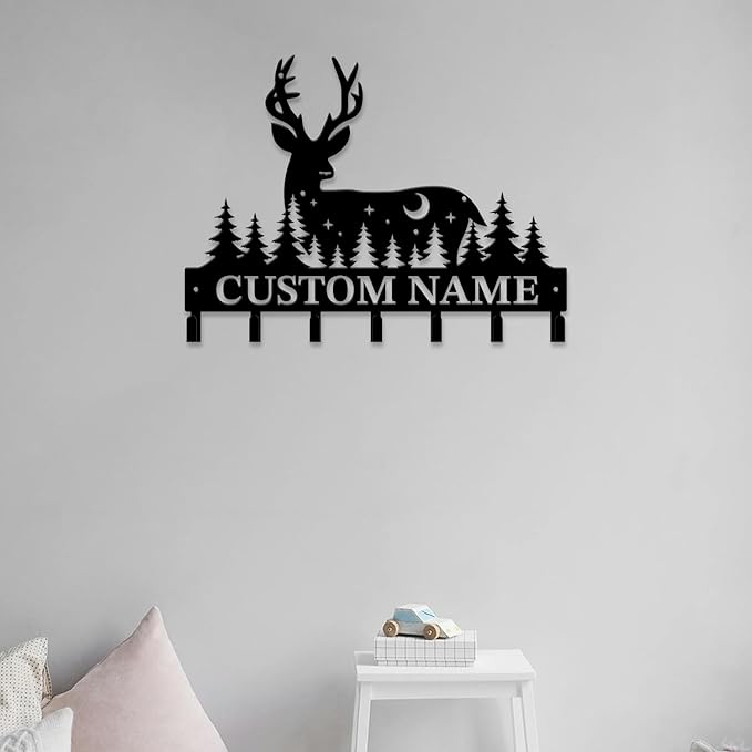 Personalized Custom Name Forest Deer Wall Keys Hooks,Metal Forest Deer Art Clothes Hooks,Metal Forest Deer Wall Home Storage Decorative,For Front Door, Hallway, Kitchen, Bedroom,Keys,Hats (Style G)