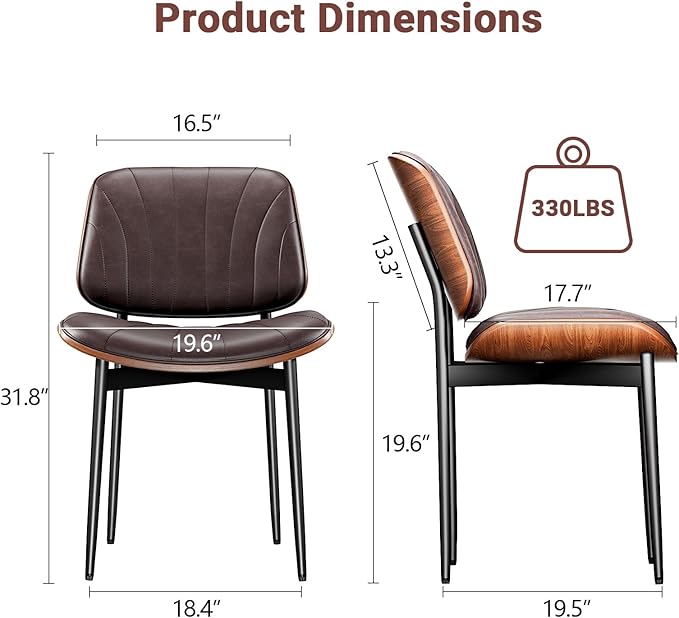 Dining Chairs Set of 4, Dining Room and Kitchen Chairs, Mid Century Modern Accent Chair, Upholstered PU Leather Chairs for Vanity with Walnut Bentwood and Metal Legs, Brown