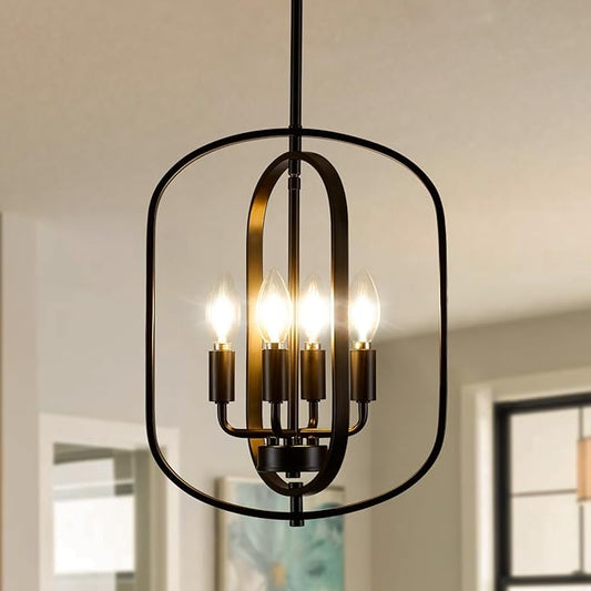 Black Chandelier Light Fixture, 4-Light Dining Room Chandelier Over Table Farmhouse Rustic Small Entryway Chandeliers Hanging Island Pendant Lights for Kitchen Entryway Foyer Living Room