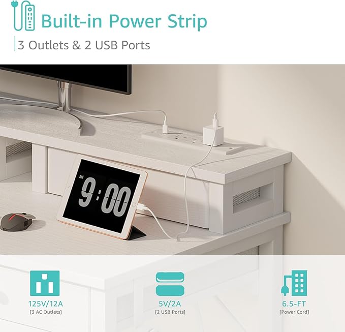 Lufeiya Small White Kids Desk with Fabric Drawers for Bedroom, 32 inch Vanity Makeup Desk with Drawers Storage for Home Office, Writing Study Table with Power Outlet & Monitor Stand, White