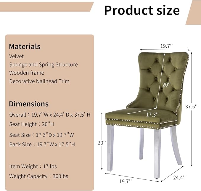 Luxury Upholstered Dining Chairs Set of 2, Olive Green Kitchen Chair with Silver Metal Legs, Velvet Tufted Back Dining Chair, Sillas de Comedor, Modern Kitchen & Dining Room Chairs (Olive, 2 Pcs)