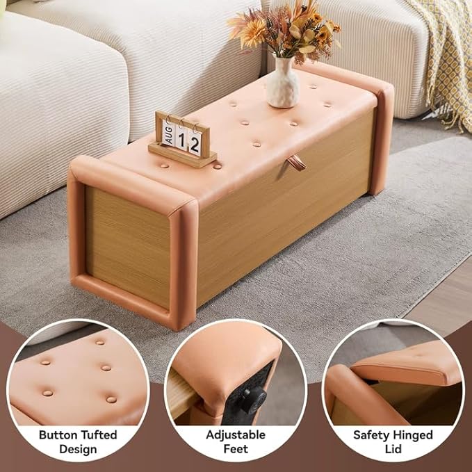 48" Large Storage Ottoman Bench, Faux Leather Upholstered Bed Bench with Button Tufted, End of Bed Ottoman with Safety Hinge for Bedroom, Living Room, Window，or Entryway, Orange Shoe Storage Chest