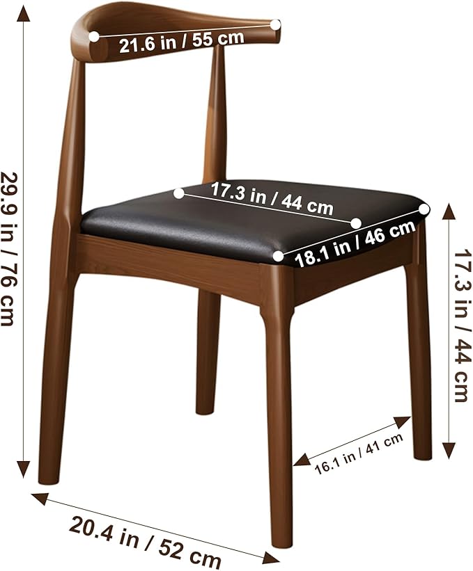 Solid Wood Dining Chair with Walnut Finish Mid Century Modern Upholstered PU Leather Dining Chairs with Curved Backrest for Dining Room, Kitchen, Study Room, Walnut Color