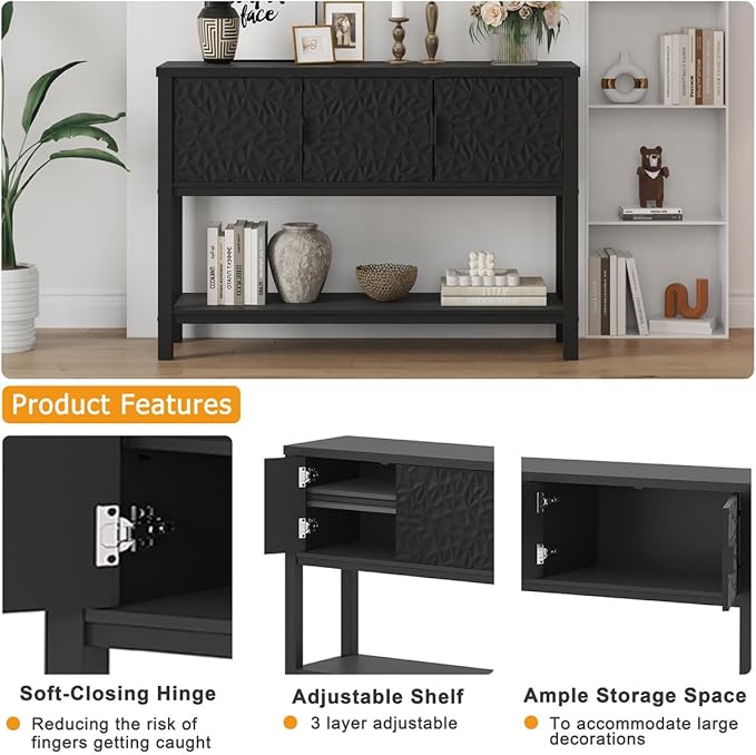 FATORRI Console Sofa Table, Entryway Table with Storage, Modern Foyer Tables with Doors for Hallway Dining Living Room (47.24 Inch Wide, Black)