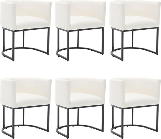 Faux Leather Dining Chairs Set of 6 Modern Barrel Arm Chairs with Black Metal Frame, Upholstered Kitchen Chairs 18.5" Wide Accent Chairs for Living Room Dining Room Restaurant, White