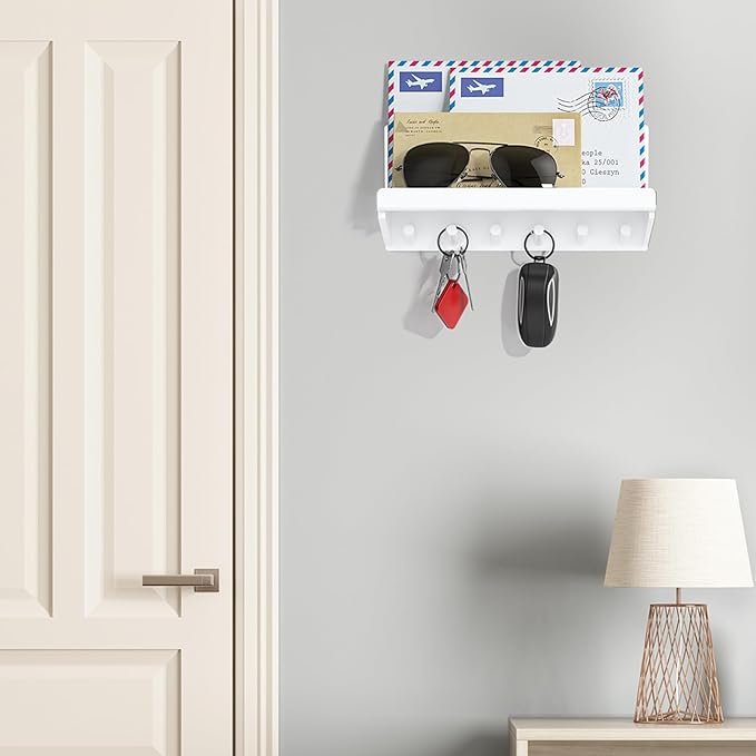 Decorative Acrylic Key Holder - Wall Mount Key Hooks with Shelf, Entryway Key Rack, Mail Organizer, Living Room Decor (White)