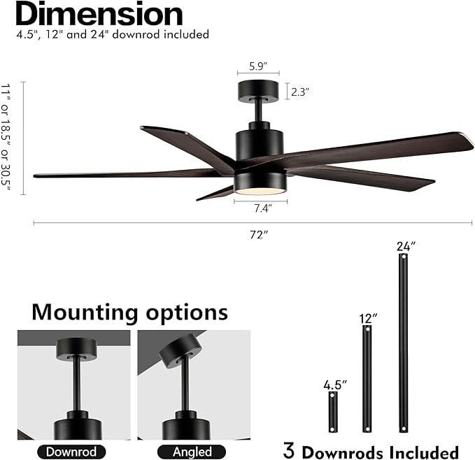 WINGBO 72 Inch DC Ceiling Fan with Lights and 3 Downrods, 5 Reversible Carved Wood Blades, 6-Speed Noiseless DC Motor, Large Ceiling Fan in Matte Black Finish with Walnut Blades, ETL Listed