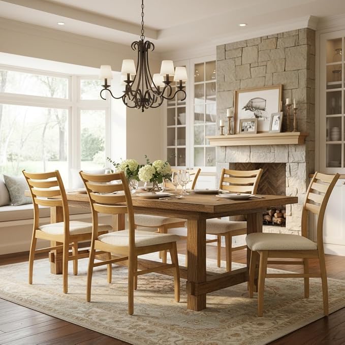 DUOMAY Farmhouse Dining Chairs Set of 6, Fur White Upholstered Side Chairs Solid Wood Ladder Back Kitchen Chairs for Home Dining Room, Light Browm Frame