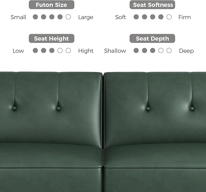 89” Futon Sofa Bed,Futon Couch Bed with 2 Square Pillows,Convertible Sleeper Sofa with Adjustable Backrest& Armrests, Modern Loveseat Sleeper for Living Room, Bedroom,Faux Leather Green