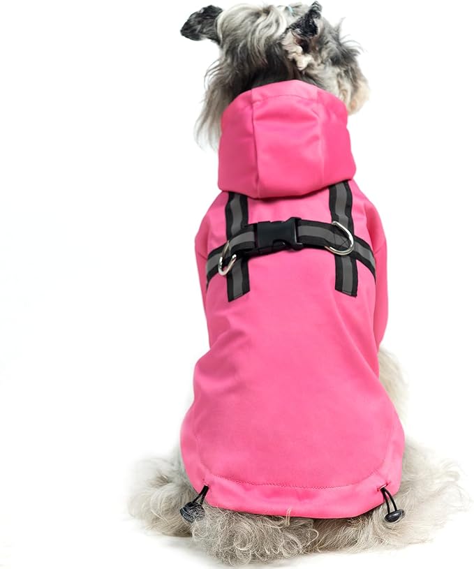 PUPTECK Dog Raincoat with Hood & Harness Built-in, Waterproof Dog Rain Jacket Slicker Poncho Reflective Vest Clothes for Rainy Snowy Winter Cold Days, Fuschia M