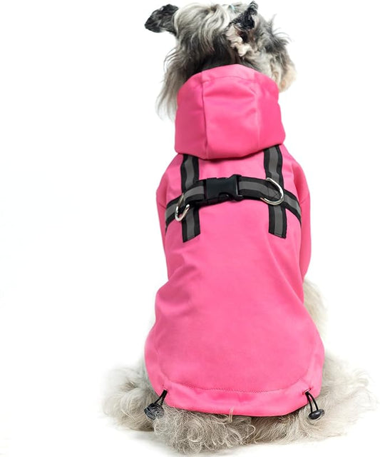PUPTECK Dog Raincoat with Hood & Harness Built-in, Waterproof Dog Rain Jacket Slicker Poncho Reflective Vest Clothes for Rainy Snowy Winter Cold Days, Fuschia M