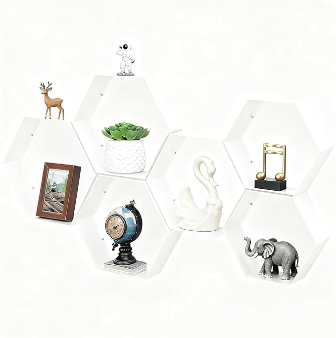 Gonice White Metal Hexagon Floating Shelves Set of 6 Honeycomb Wall Shelves Home Decor Shelf for Living Room Bedroom Office