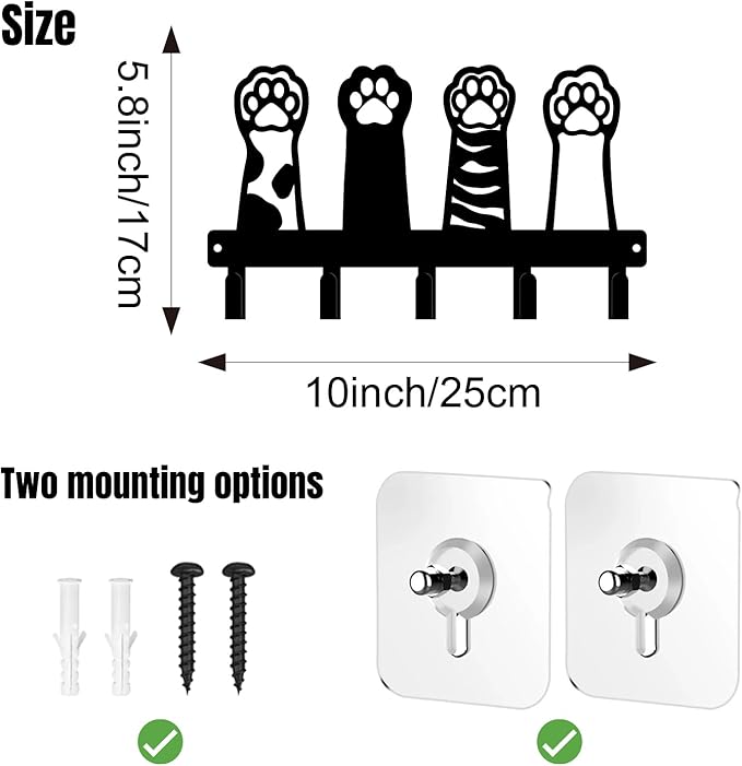 magilab Cat-Themed 10-Inch Iron Key Hooks with 5 Hooks, Black Wall Organizer - Cute Cat Design for Home Decor, No Drill & Screw-in Options (Style C)