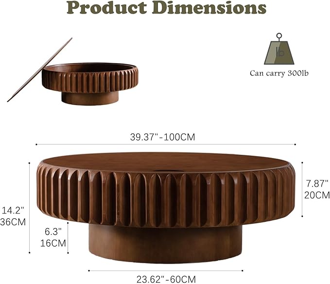 Round Coffee Table with Hidden Storage, Modern Circle Coffee Tables Handcraft Fluted Drum Coffee Table with Solid Wood Relief, Mid Century Center Table for Living Room Apartment (Walnut 39.37 Inch)