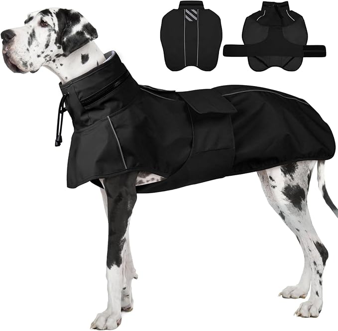 Waterproof Windproof Dog Raincoat with Full Body Coverage, Reflective Adjustable Hooded Jacket, Easy on Lightweight Dog Rain Coat for Large Dogs Poncho Breathable (Black, XXXXL)