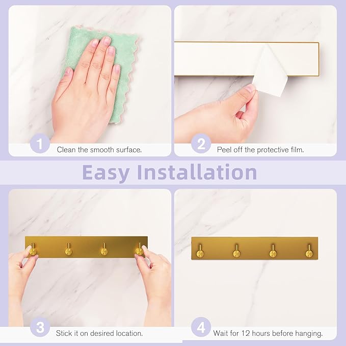 VIS'V Key Holder Wall Mount, Large Metal Self Adhesive Key Hanger with 4 Hooks, No Drilling, Extra Adhesive Strip, Gold