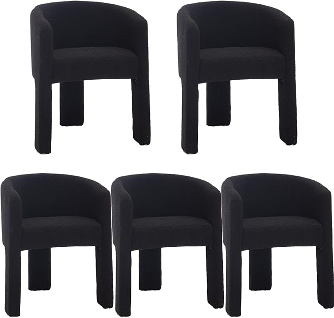 Modern Sherpa Barrel Dining Chairs Set of 5, Upholstered Boucle Dining Chairs Accent Chairs with Arms Comfy Makeup Vanity Chairs, Dining Living Room Kitchen Chairs, Black