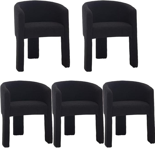 Modern Sherpa Barrel Dining Chairs Set of 5, Upholstered Boucle Dining Chairs Accent Chairs with Arms Comfy Makeup Vanity Chairs, Dining Living Room Kitchen Chairs, Black