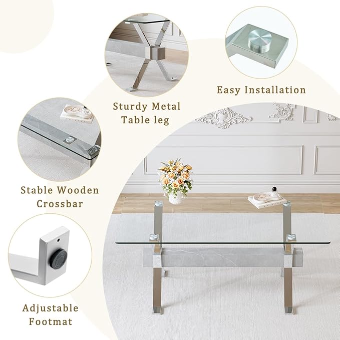 Glass Dining Table 71"｜Modern Dining Table for 6-8｜0.4" Thick Tempered Glass Top｜Chrome Silver Metal Legs｜Grey Crossbar｜Easy Assembly｜Perfect for Dining Room or Kitchen