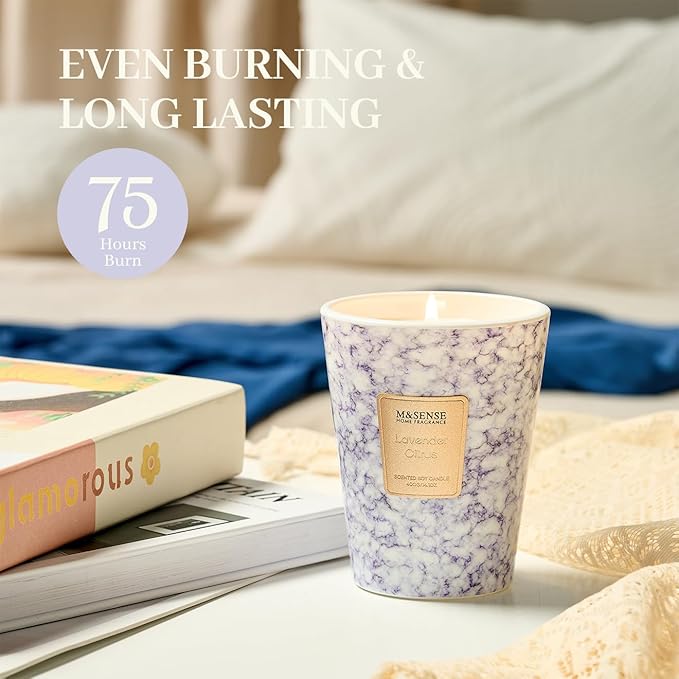 M&SENSE Lavender Citrus Scented Soy Candle, 3 Wick Highly Scented 14.1 Oz 80H, Aromatherapy Scented Candle Gift for Women and Men