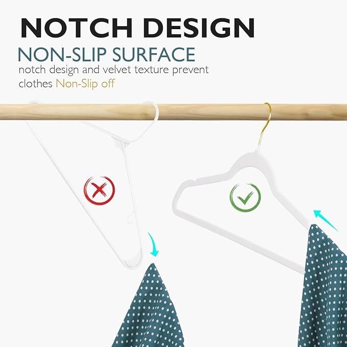 ManGotree Velvet Coat Hangers, Non-Slip Felt Suit Hangers, Ultra-Slim Space Saving Clothes Hanger with 360° Swivel Gold Hook, Sturdy for Jacket, Shirt, Dress, Pants (36 Pack, White)