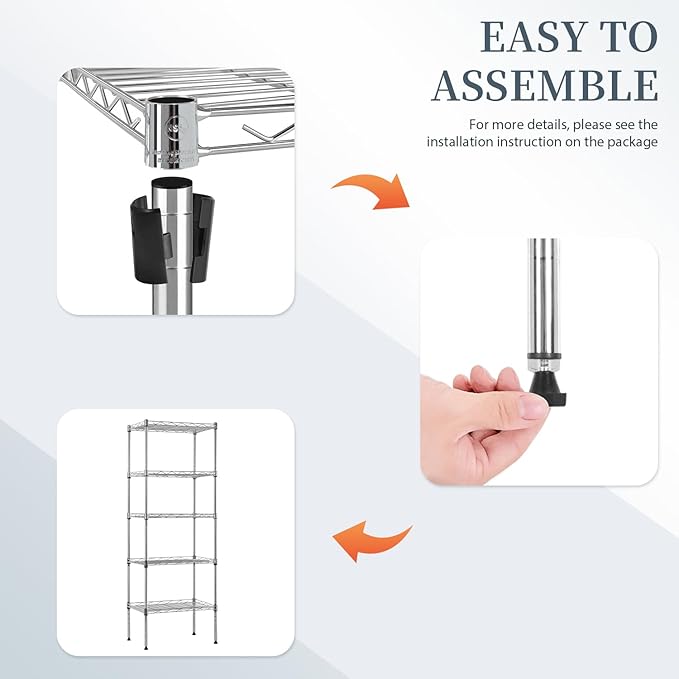 BestOffice 5-Shelf Storage Shelves, Adjustable Shelving Unit Wire Shelving Metal Shelves,11.8" D x 16.7" W x 47.6" H,Chrome