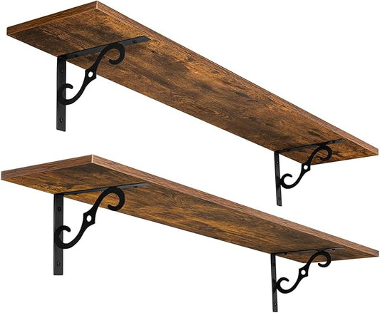 DINZI LVJ Long Wall Shelves, 39.4" Large Floating Shelves Set of 2, Farmhouse Display Shelf Wall Mounted with Heavy Duty Brackets, Easy Assembly for Kitchen, Bathroom, Bedroom, Balcony, Rustic Brown