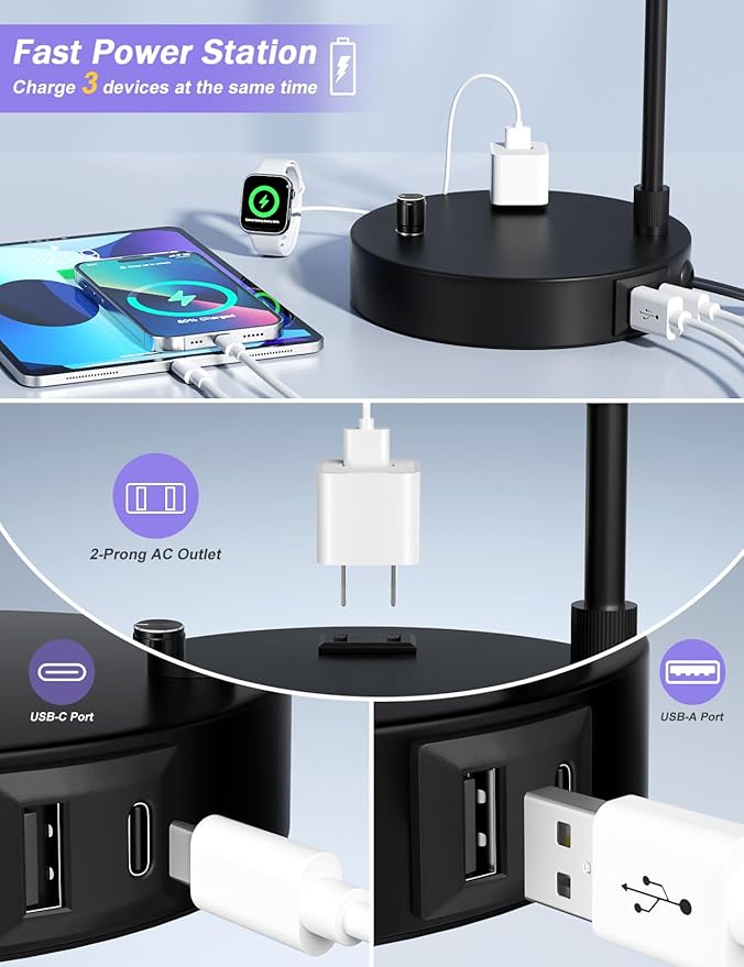 Innqoo Black Tall Table Lamp with USB Port and Outlet, Dimmable Nightstand Bedside Lamps with Linen Lampshade, Desk Lamp for Bedroom, Living Room, Guest Room, Home Office, LED Bulb Included