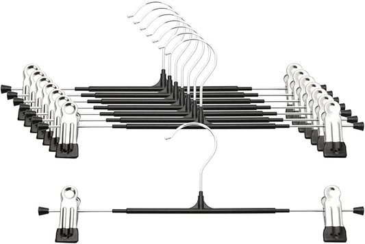 Pants Hangers with Clips - 8 Pack Heavy Duty, Non-Slip Adjustable Space Saving Skirt Hangers for Pants, Jeans, Shorts | Black | 12 Inch