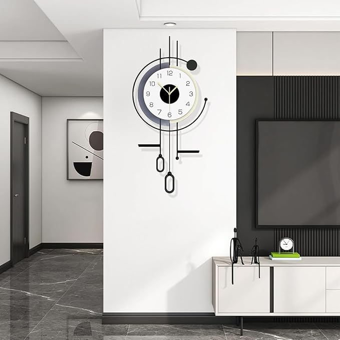 Modern Wall Clock - Large Decorative Metal Wall Clock with Pendulum Silent Non-Ticking Battery Operated Wall Decor for Living Room Office Bedroom Kitchen Hunting Household (16.5 * 34.7in)