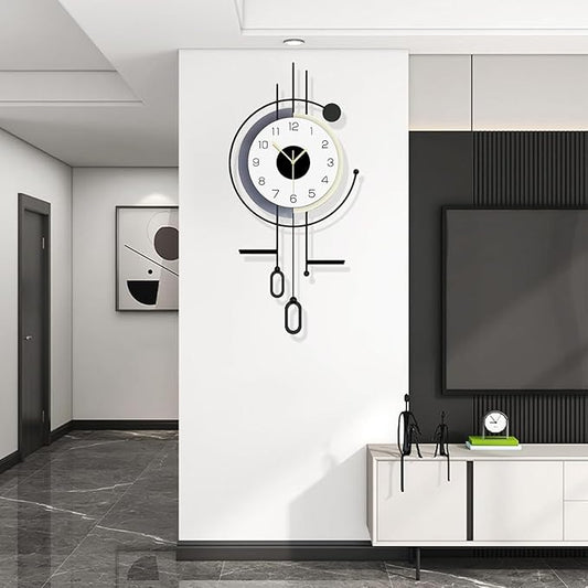 Modern Wall Clock - Large Decorative Metal Wall Clock with Pendulum Silent Non-Ticking Battery Operated Wall Decor for Living Room Office Bedroom Kitchen Hunting Household (16.5 * 34.7in)