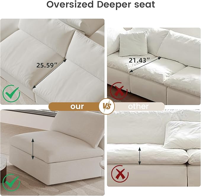 Cloud Modular Sectional Sofa Couch,U Shaped Couch 5 Seater for Living Room,120" Convertible Couches with Storage Ottoman, Covers Washable&Replaceable,White