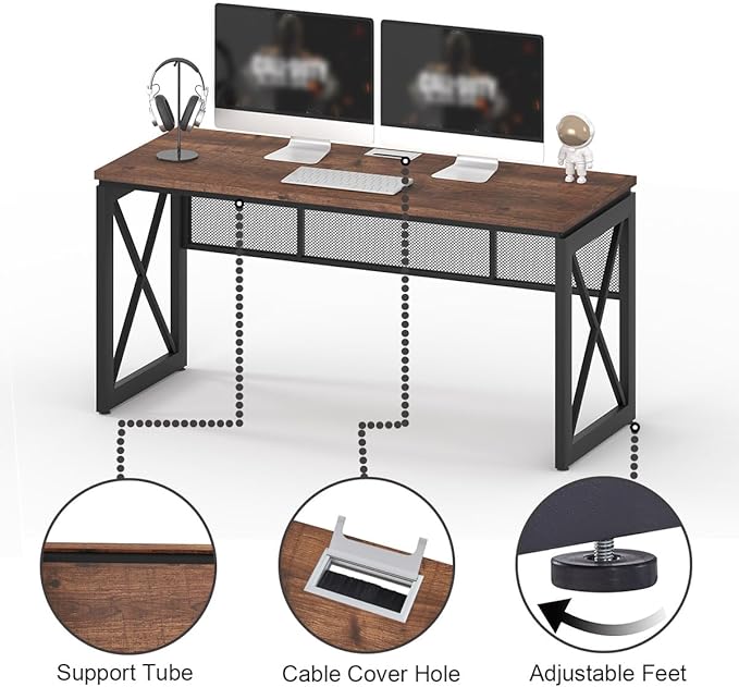 BON AUGURE 60 Inch Computer Desk for Home Office, Industrial Metal Wood Desks, Farmhouse Large Writing Table, Modern Sturdy Gaming Desk (Rustic Oak)