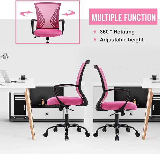 Office Chair Desk Chair Computer Chair with Lumbar Support Armrest Mid Back Rolling Swivel Task Adjustable Mesh Ergonomic Chair for Women Adults, Pink