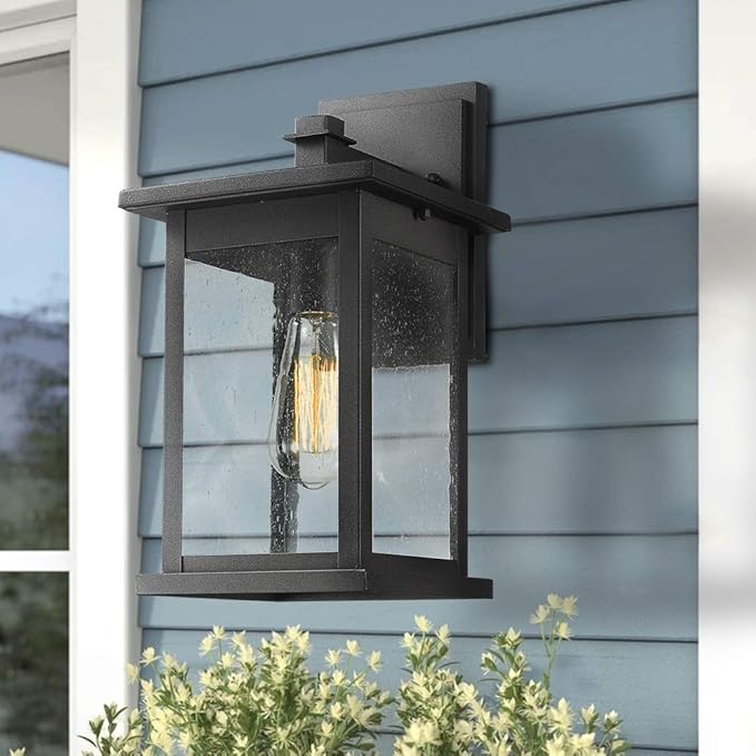Emliviar Outside Lights for House, 1-Light Outdoor Wall Lantern 14", Black Finish with Seeded Glass, 1803EW2