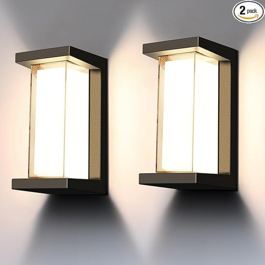 Juyace 18w Outdoor Porch Lights Exterior Lighting Fixtures Wall Mount Rectangular Modern Patio Sconces 1800Lm 3000k Aluminum Black IP65 for Garage House Front Door Entryway (2 Pack)