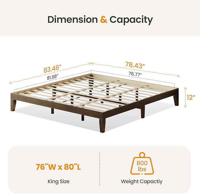 King Size Wood Platform Bed Frame, 12 Inch Solid Wood Bed Frame with Wooden Slats, No Box Spring Needed, Easy Assembly,Espresso