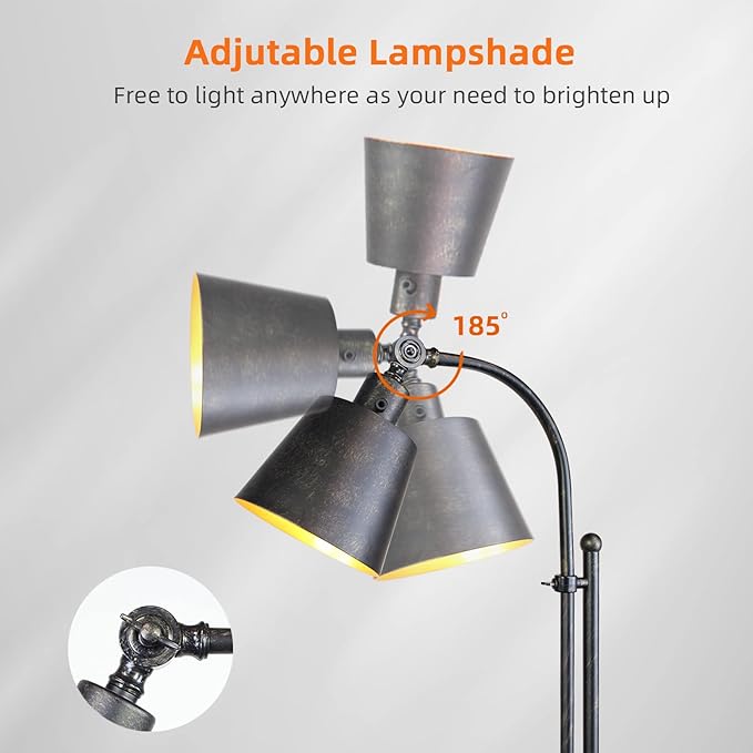 Floor Lamp, Industrial Floor Lamps for Living Rooms & Bedrooms - Rustic Farmhouse Reading Lamp Standing, Adjustable Metal Heads Indoor Task Lighting for Living Room Office Home Décor (Rustic Black)