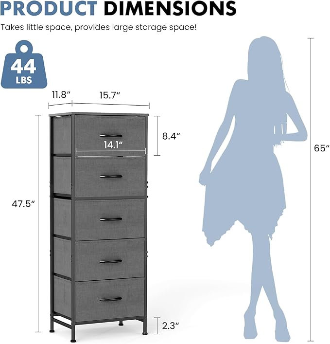 DUMOS Nightstand with 5 Drawers Bedside Table with Removable Fabric Bins Sturdy Steel Frame Wood Top Organizer Furniture for Bedroom Closet Living Room, Grey