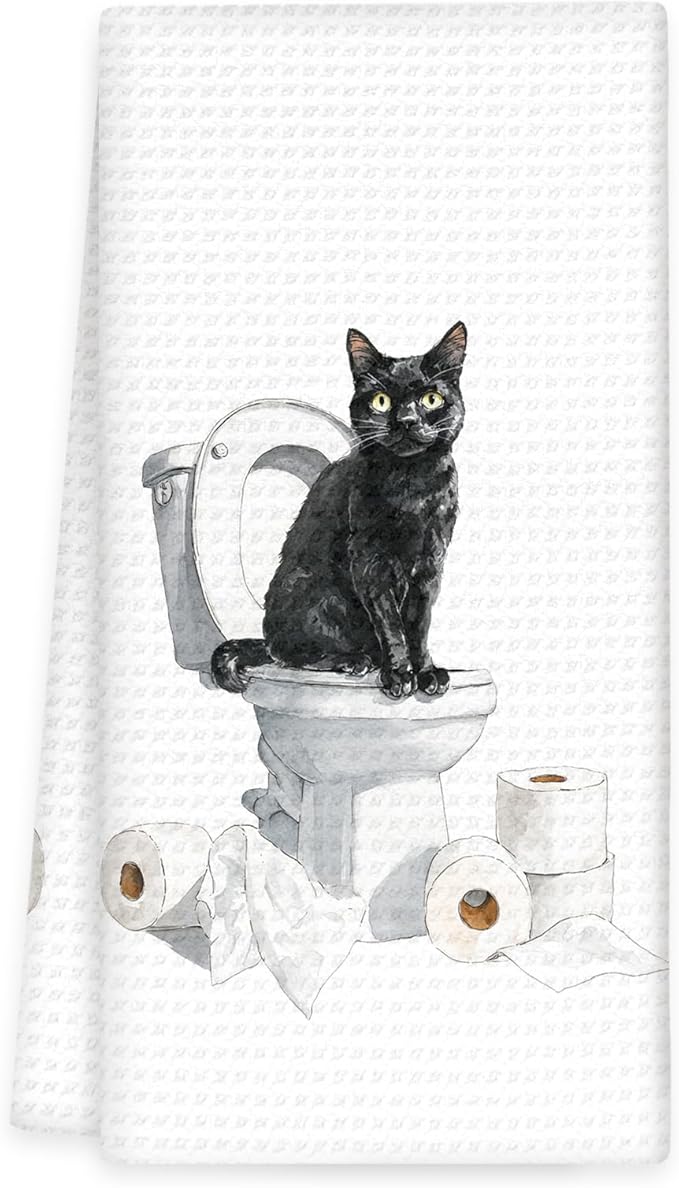 Funny Black Cat Bathroom Hand Towels, Gifts for Black Cat Owners Lovers Women Men, Cute Kitten Kitty Pet Decor for Bathrooms, Funny Pet Lovers Toilet Hand Towels for Bathroom Washroom,16x24In