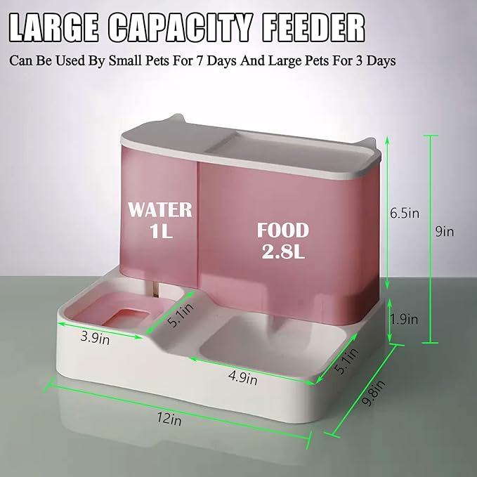 kathson All-in-One Automatic Cat Feeder and Water Dispenser Set Gravity Cat Food and Water Bowl Set Automatic Pet Feeder and Water Dispenser for Small Dogs Puppy Cats Pets(Pink)