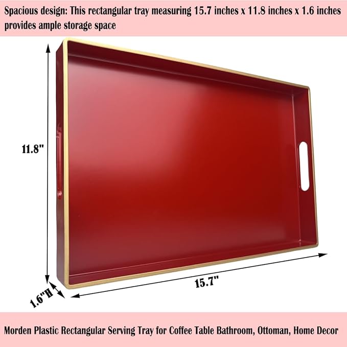 Large Red Rectangular Decorative Tray – Plastic Serving Tray with Handles for Coffee Table, Ottoman, Living Room, 15.7” x 11.8” x 1.6