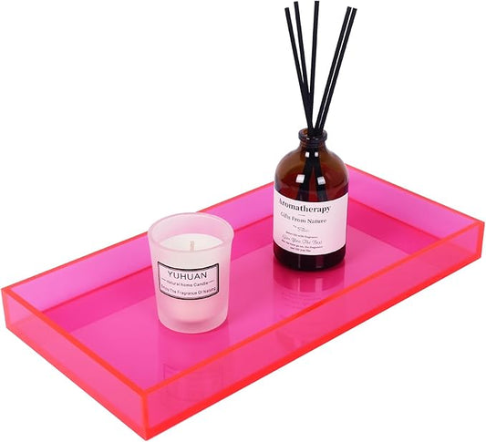 Acrylic Tray 5mm Thicken for Vanity Makeup, Perfume, Jewelry Holder, Napkin, Neon Pink 12x6'' 5Decorative Serving Tray for Bathroom, Toilet Tank, Sink Countertop, Living Room,Dresser, Coffee Table