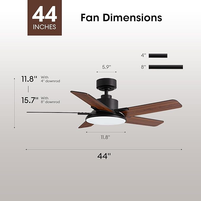 44 Inch Ceiling Fans with Lights and Remote Control, Modern Ceiling Fan with Dimmable LED, 6 Speeds, Timer, Quiet Reversible DC Motor, Black Ceiling Fan for Bedroom, Living Room and Kitchen