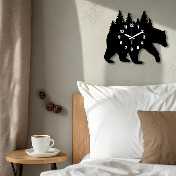 CHGCRAFT Bear Carrying Forest Pattern Wall Clock 15.2 Inch Wood Grain Non-Ticking Irregular Shape Clocks Wall Hanging Clock Battery Operated for Bedroom Living Room Kitchen Office