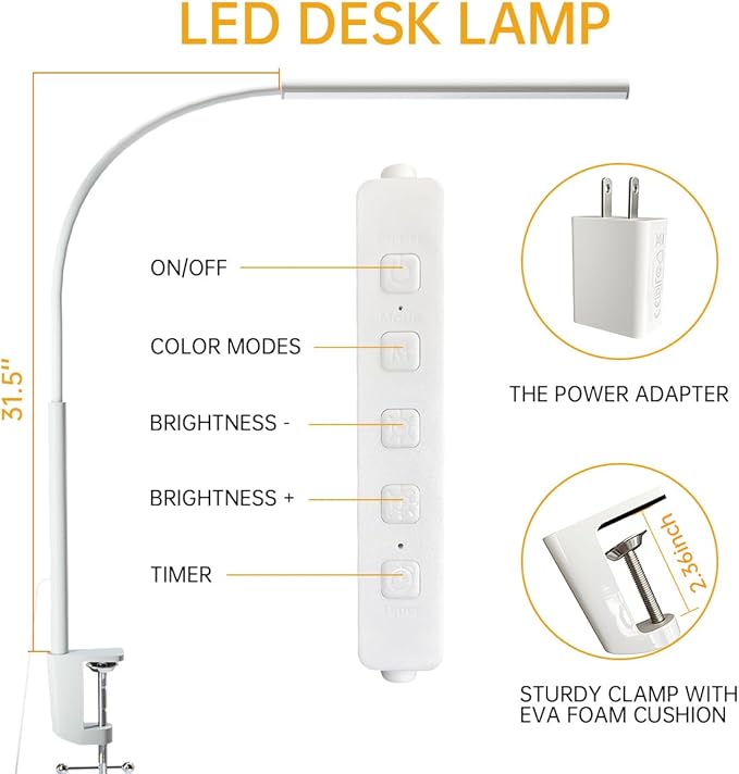 LED Desk Lamp with Clamp, Eye-Protection Clip on Desk Lamp, 5 Modes 10 Brightness Adjustment, 360°Flexible Gooseneck Lamp for Home Office, Lamps with USB Adapter，White
